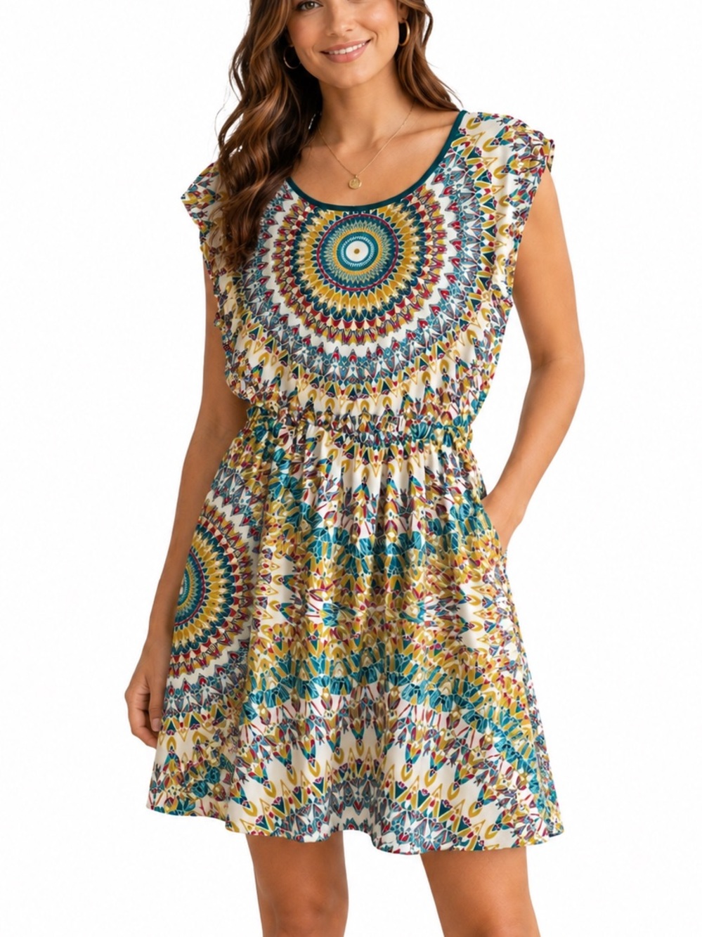 Allen B Geometric Mandala Print Dress Keyhole Back Size L